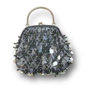 LOFT Gray Silver Beads and Sequins Satin Evening Bag NWOT